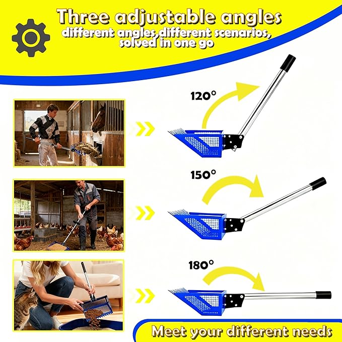 Chicken Poop Scooper & Rake 2-in-1 2026 New Blue Stainless Steel 15" Extra Large Sifting Shovel, 24"-68" Adjustable Handle with Sawtooth, 0.25" Leak-Proof Squares for Chicken Coop & Pet/Horse Manure ﻿