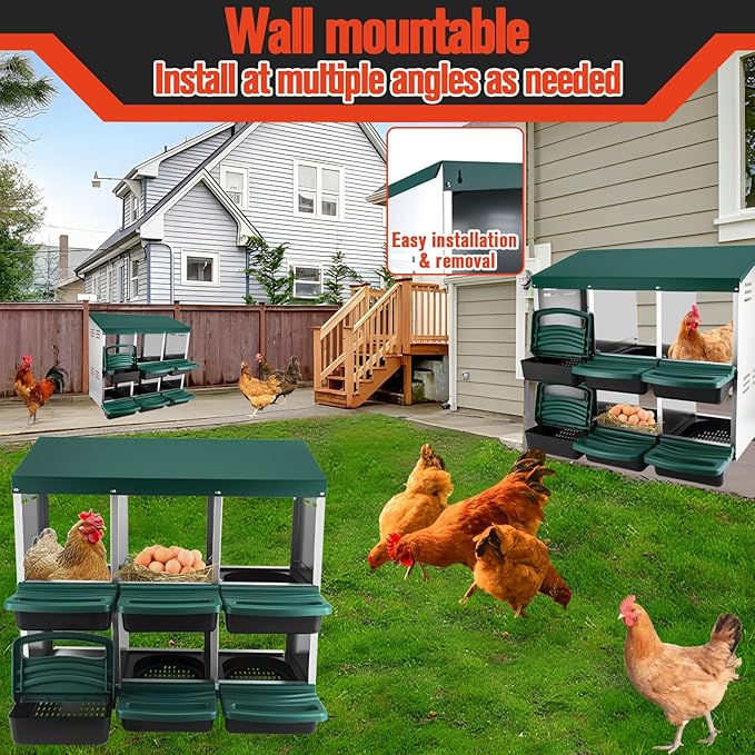 Chicken Nesting Box - 6 Hole Metal Roll Away Egg Laying Box for Hens, Heavy Duty Chicken Coop Nesting Box with Perch & Ventilation, Rust-Proof Poultry Nest (Green)