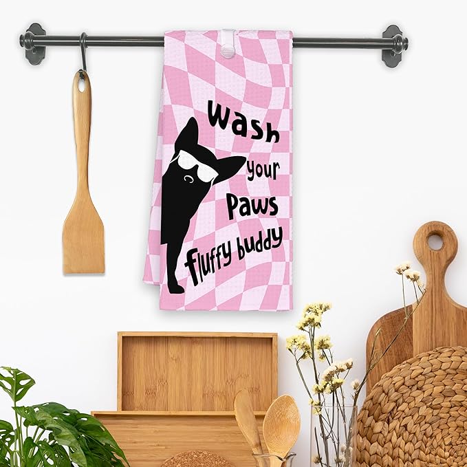 Pink Cute Dog Chihuahua Bathroom Kitchen Towels, Funny Wash Your Paws Hand Towel for Girly Room, Chihuahua Gifts for Dog Lovers, Trendy Preppy Checkered Dish Towels Decor for Dorm 16x24in