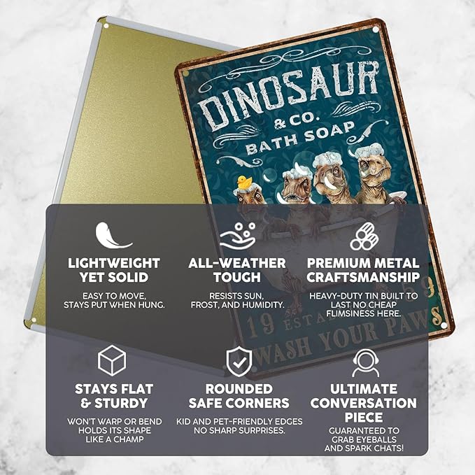 Vintage T-Rex Tin Sign Wash Your Paws Retro Bathroom Metal Sign Funny Dinosaur Nostalgic Wall Decor Decorations for Home Bedroom Toilet Man cave Cafe Kitchen Bar Office Garage 12 * 8In