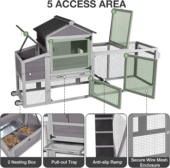 Large Chicken Coop with Wheels, Wooden Hen House with Run & Nesting Box, for 3-5 Chickens, Waterproof Asphalt Roof, Ramp & Leakproof Tray, Expandable - Grey