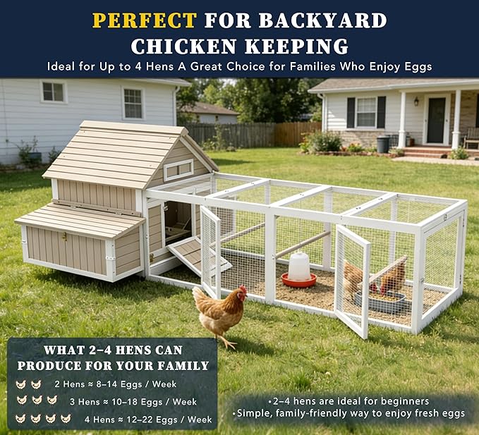 Large Wooden Chicken Coop with Run for 2–6 Chickens Outdoor Hen House with Raised Floor, Weatherproof Roof, 6 Nesting Boxes, 3 Perches & Slide-Out Tray Hen Coop for Backyard Poultry Pets