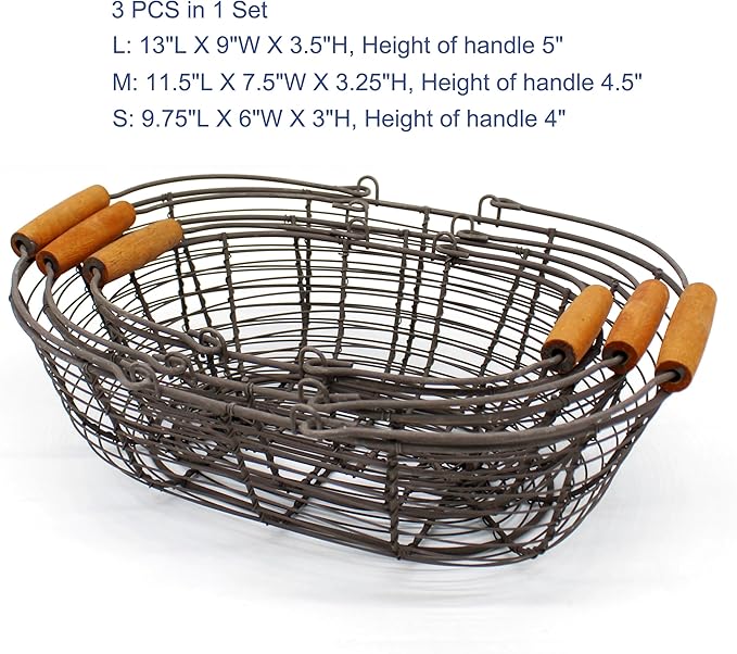CVHOMEDECO. Oval Metal Wire Storage Baskets Rustic Egg Baskets with Wooden Handles Farmhouse Gathering Baskets. Rusty, Set of 3
