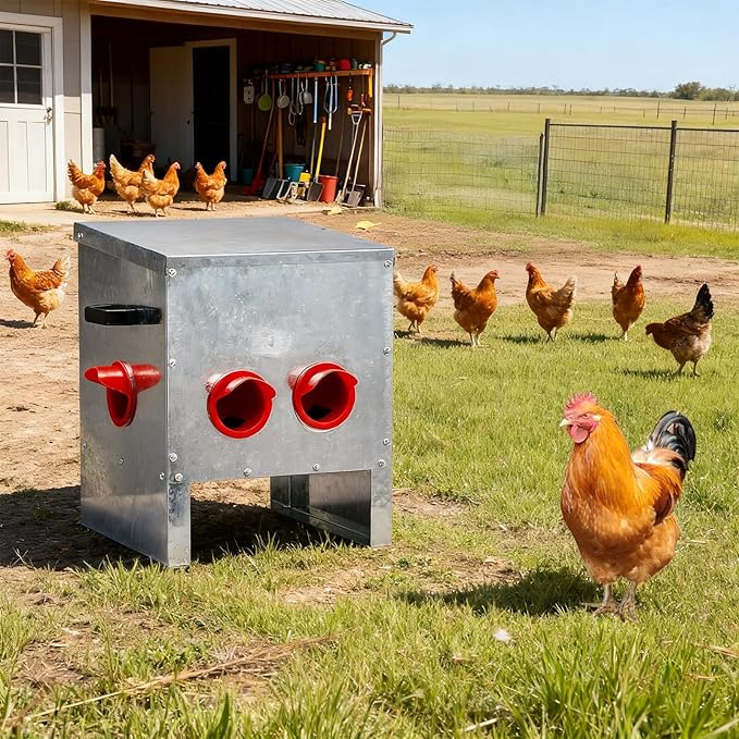Automatic Chicken Feeder Rodent Proof, 4 Ports Large Capacity Metal Poultry Feeder with Handles and Lid, Galvanized Chicken Feeder for Hen Coop(Silver)