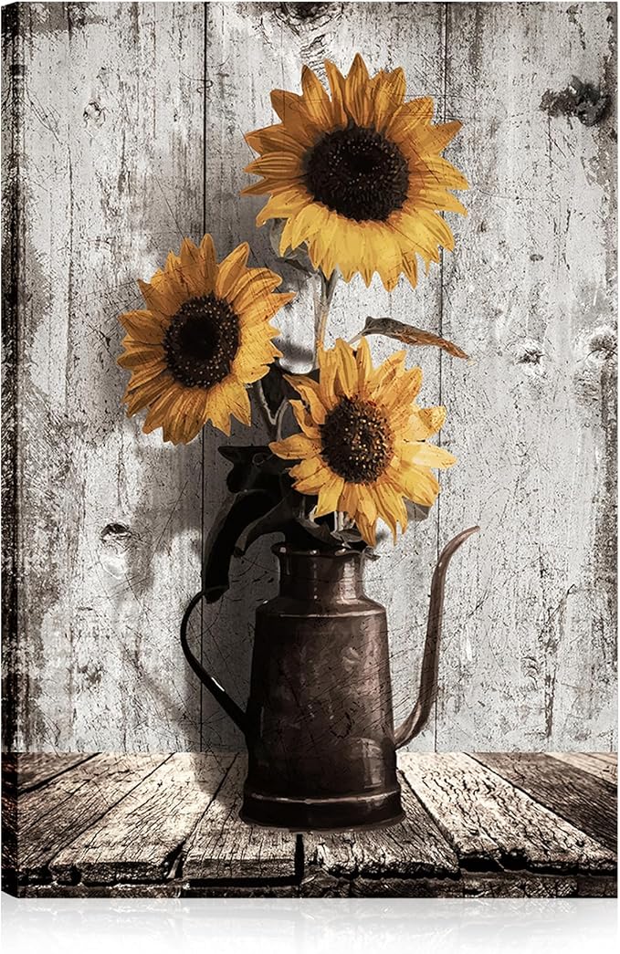 Sunflower Paintings Farmhouse Wall Art: Yellow Sunflowers Canvas Wall Art for Kitchen,Large Floral Pictures Vintage Art Prints Rustic Country Wall Hanging Decor for Bedroom Bathroom 24x36 Inches