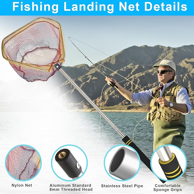 Fishing Landing Net, Fishing Net with Handle for Fishing with Splicing Extension Pole Handle Sturdy Stainless Steel Tubes Comfortable Sponge Handle, yellow