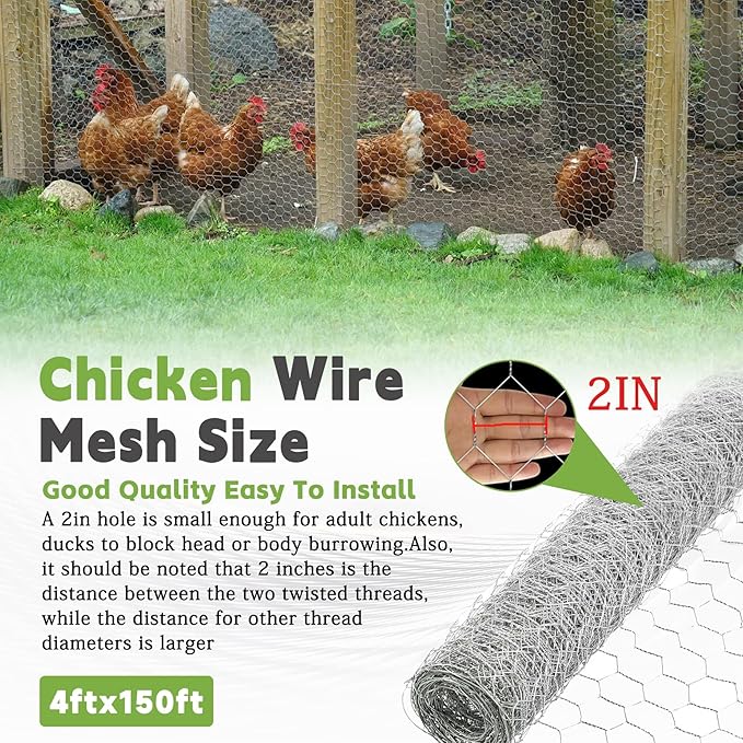 HOSTIC 4FTx150FT Chicken Wire Netting 2IN Mesh Galvanized Wire Hexagonal Fencing for Poultry Garden Fence Barrier