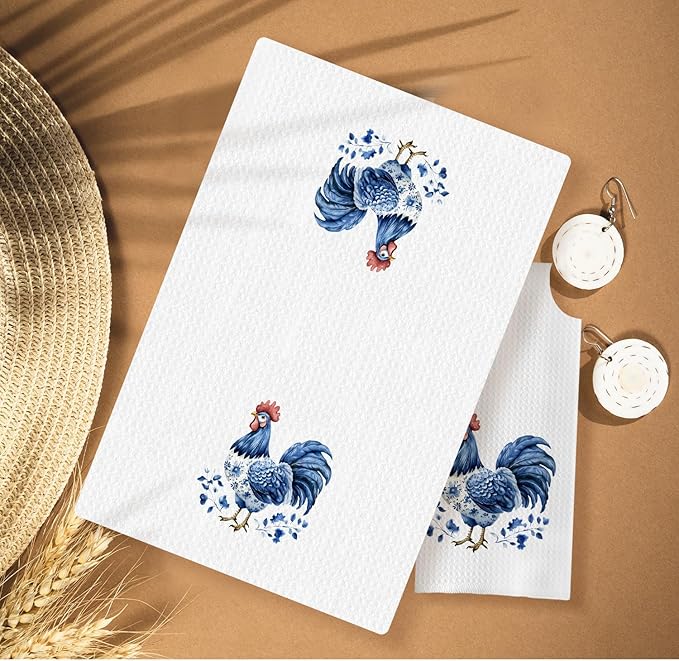 Chinoiserie Chicken Kitchen Towels, Chicken Lover Mom Lady Gifts Decorative Dish Tea Towels for Kitchen, Blue and White Floral Hen Hand Towels for Bathroom, 16x24 Inches