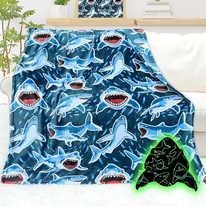 Glow in The Dark Shark Blanket for Boys Age 7-16, Large 60x80 Ocean Sharks Decor, Easter Birthday Gifts for Men Women Shark Lovers, Soft Plush Fleece Sharks Toys for Twin Full Bed