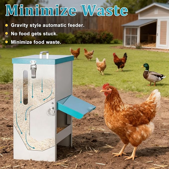 10L Automatic Chicken Feeder Metal No Waste Poultry Feeder Gravity Fed Self Feeding Large Chicken Food Dispenser with Lockable Lid and Rain Cover