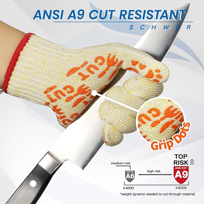 Schwer SlicePro ANSI A9 Cut Resistant Gloves Food Grade, PR1501-GD Non-Slip Cutting Gloves, Cut Proof Mandoline Glove for Kitchen Meat Cutting, Oyster Shucking, Fish Fillet Processing, XL