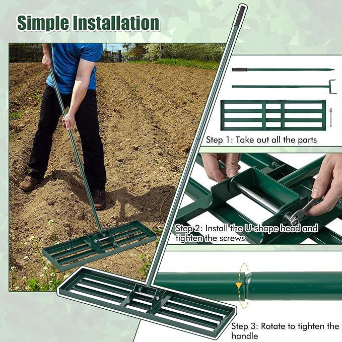 Happygrill Lawn Leveling Rake, Heavy Duty Lawn Level Tool for Soil w/67” Handle, Dirt Ground Leveler, Effort-Saving Landscape Rake for Garden, Backyard, Golf Course, Farm, Pasture (36" x 10", Green)