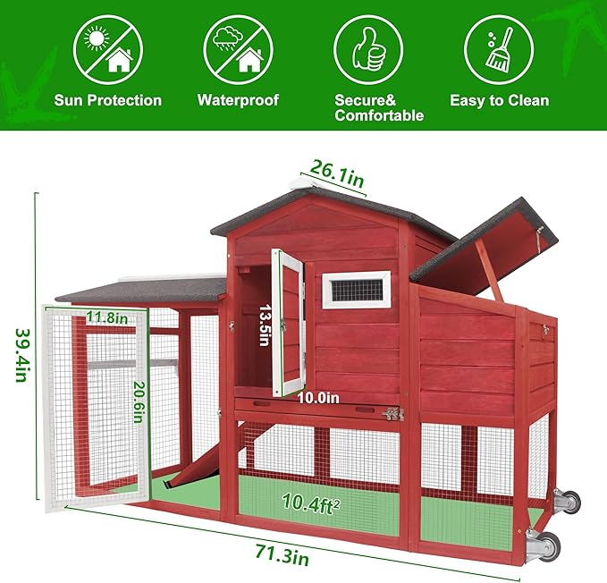 Chicken Coop Outdoor for 2-3 Chickens Hous- Poultry Cage Back Yard Mobile Hen House with Run & Nesting Box
