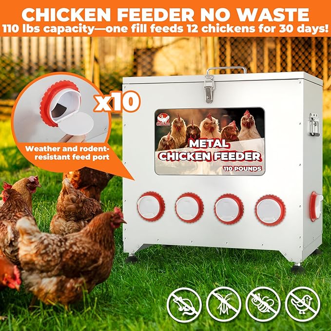 110 lbs Chicken Feeder No Waste-10 Port Large Chicken Feeder with Adjustable Height,Locking Lid,Rainproof-Metal Poultry Feeders for Chickens (Sliver, 23.76 * 22.78 in)