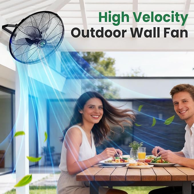 Solar Fan Wall Mount Waterproof, Metal Solar Powered Fan with Battery & Adjustable Thermostat, 18" Heavy Duty Outdoor Fans for Patios 3 Speeds, 180° Tilt