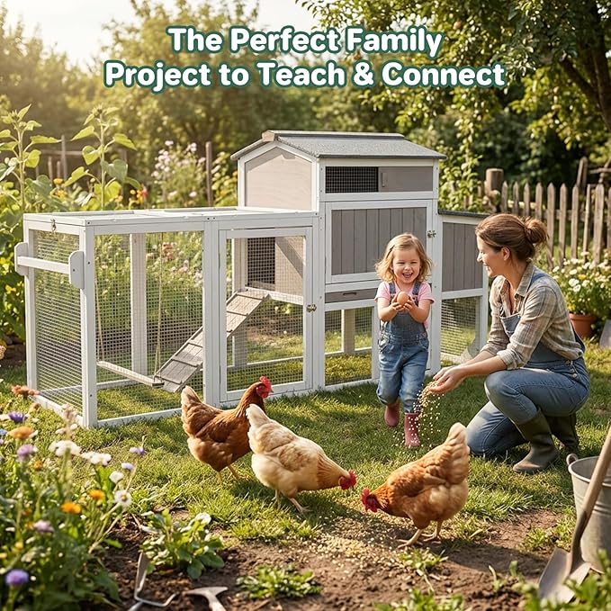 Mobile Chicken Coop with Wheels, Weatherproof Large Hen House Chicken Tractor with Nesting Box, Roosting Bars, Pull-Out Tray, Asphalt Roof & Fun Swing for Chickens Quails, Backyard Use