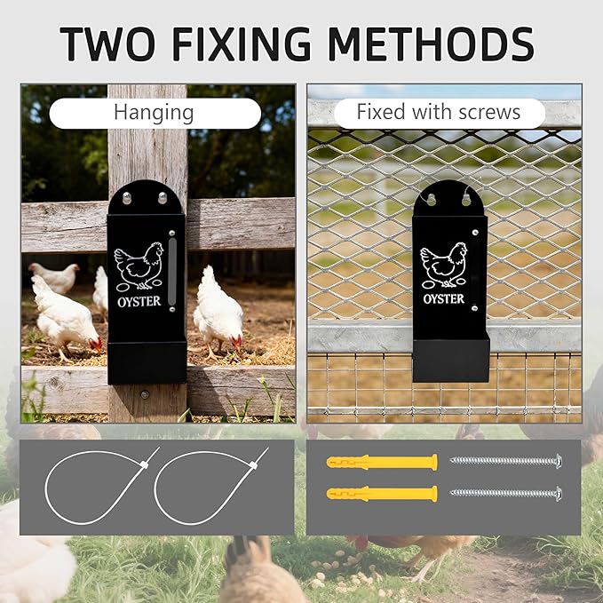 Chicken Grit and Oyster Shell Feeder, Poultry Feeder with Visual Window, No-Mess Weatherproof, Metal Hanging Gravity Chicken Feeder, Chicken Coop Accessories (Grit-Black)