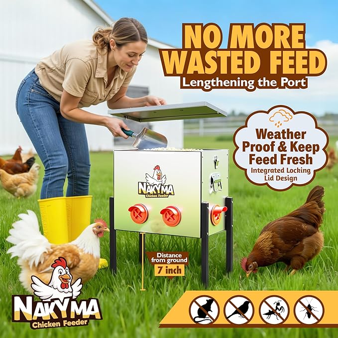 Automatic Chicken Feeder, 50 LBS 6 Ports Large Capacity Metal Poultry Feeder, Chicken Feeders No Waste Auto Food Dispenser for 6-12 Chickens 10 Days with Leg & Weatherproof Lid