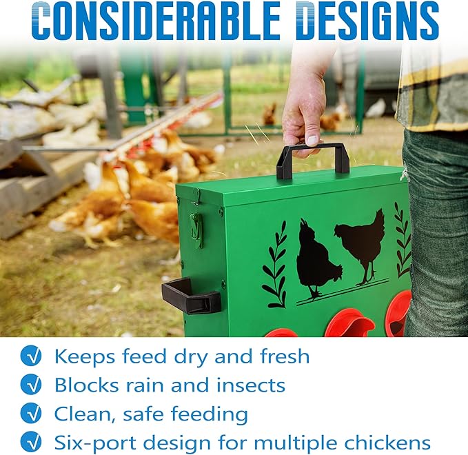 Chicken Feeders, 30 lb Capacity 6 Port Automatic Chicken Feeder, Metal Chick Feeders with Locking Lid and Legs, Chicken Feeder for Chickens, Ducks, Geese, Green