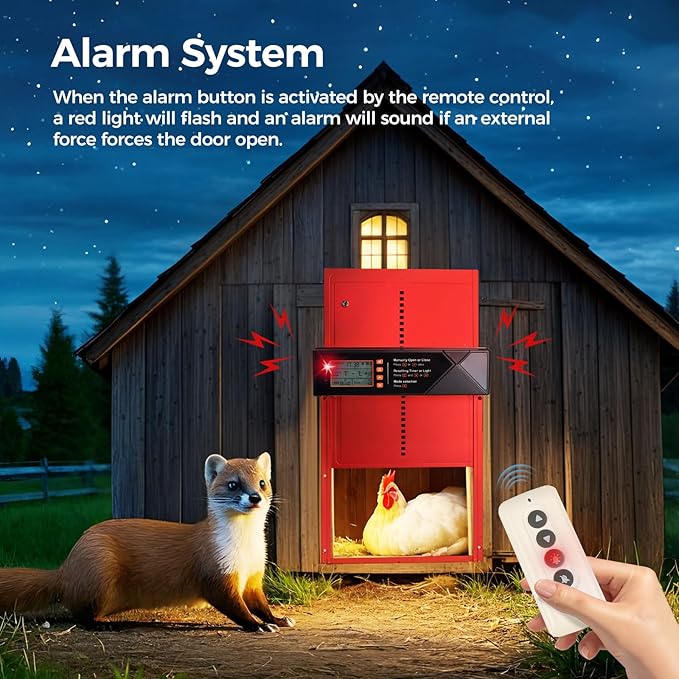 Automatic Chicken Coop Door Solar Powered, 4 Modes Automatic Chicken Door with Timer & Light Sensor, 7W Solar Charging Panel, Waterproof Aluminum Alloy Chicken Door with LED Screen (Red)