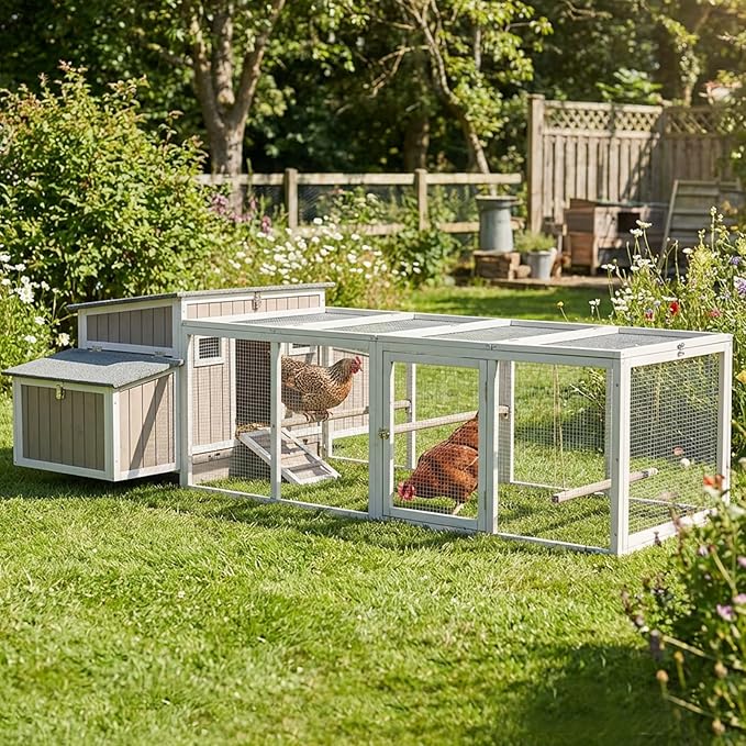 PetsCosset 106" Chicken Coop with Run, Large Chicken Tractor Outdoor Hen House for 2-6 Chickens with 4 Nesting Boxes, 4 Roosting Bars, Openable Roof, Fun Swing Pull-Out Tray for Farm Yard