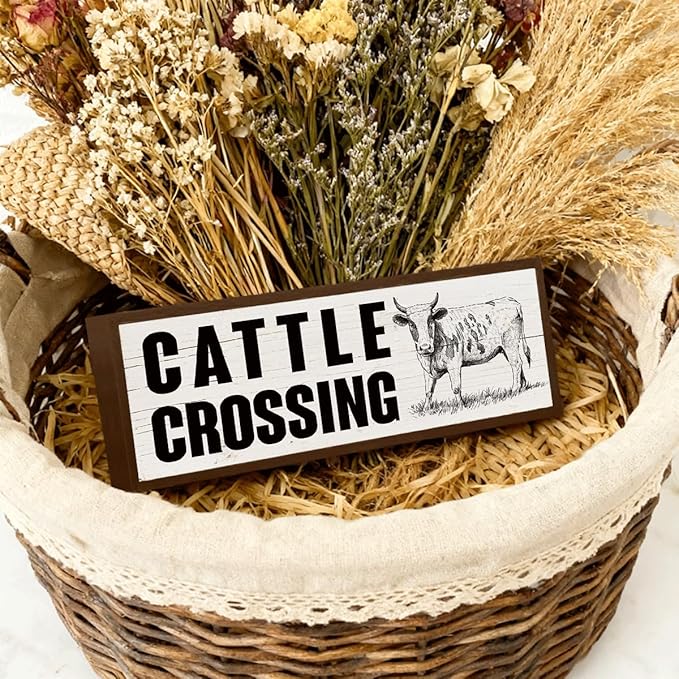 Animal Decor, Cattle Crossing Sign, Tabletop Decors, Rustic Farmhouse Wall Decor Art for Home, Living Room, Office, Entryway, Funny Bar Signs, Porch Decors 9.5x3.1x1 inches
