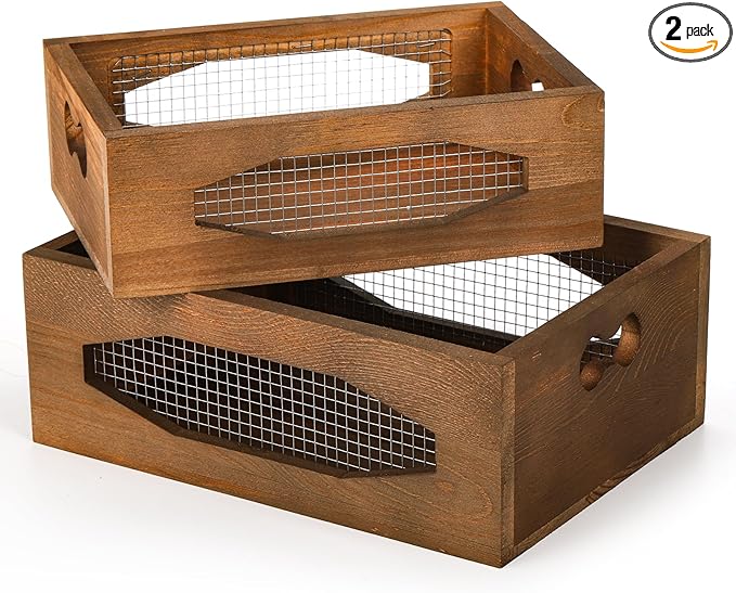 Okllen Set of 2 Wooden Nesting Countertop Baskets, Decorative Wood Storage Box Farmhouse Rustic Crate with Cutout Handles for Bread, Fruit, Vegetables, Kitchen, Bathroom, Pantry Supplies, Brown