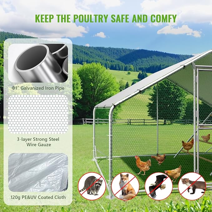 Large Metal Chicken Coop, 10x6.5x6.5FT Chicken Runs for Yard with Cover and Roosting Perch, Split Doors Walk in Chicken Coop