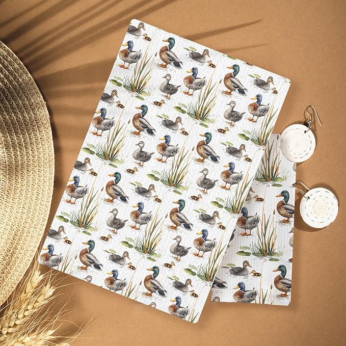 Rustic Botanical Mallard Duck Kitchen Towels, Duck Lover Gifts Decorative Hand Towels for Bathroom, Farm Animal Decor Dish Tea Towels for Kitchen Decor, 16x24 Inches