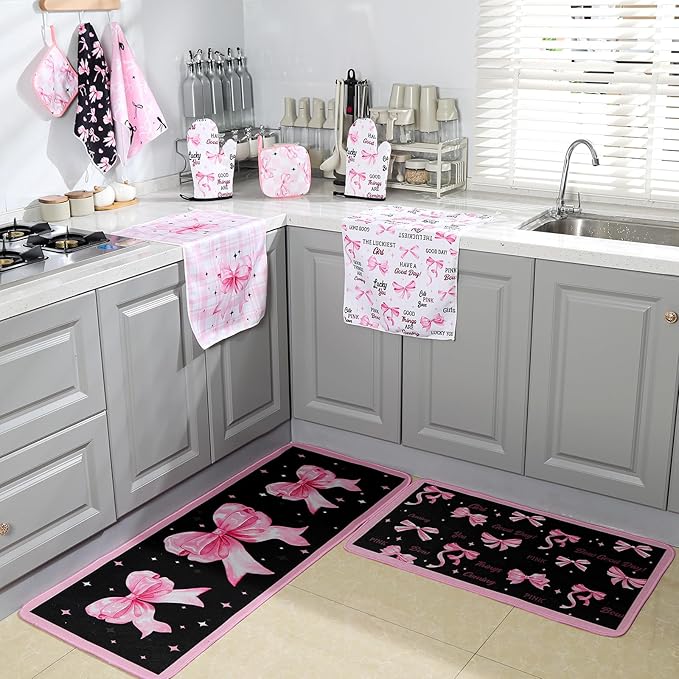 10 Pcs Bow Kitchen Dish Towels Rugs Oven Mitts and Pot Holders Set Farmhouse Kitchen Decor Set for Women Mom Daughter Gift Cooking Baking Grilling(Black, Pink)