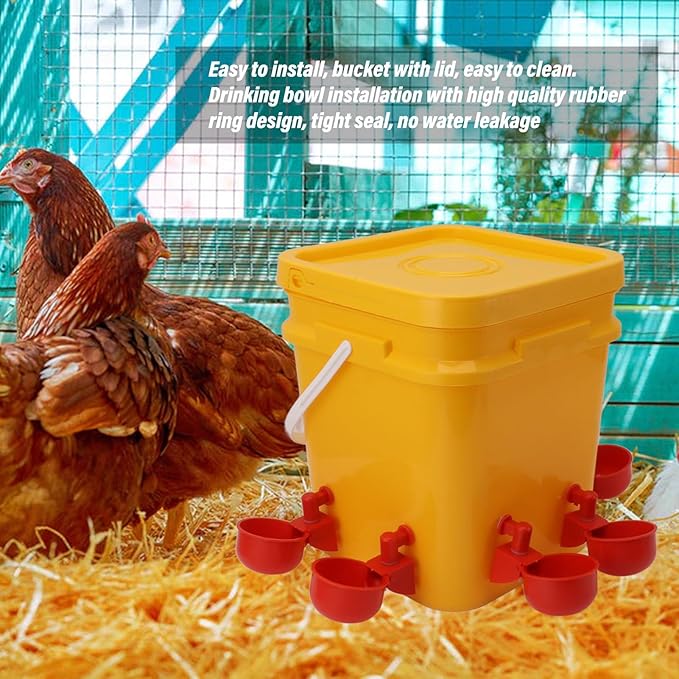 High Capacity Automatic Chicken Waterer Bowl with 12L Handheld Bucket Gravity Watering System for Quail, Easy Installation - Durable Plastic (Bucket + Conjoined Red Bird Bowl+ Black Screws)