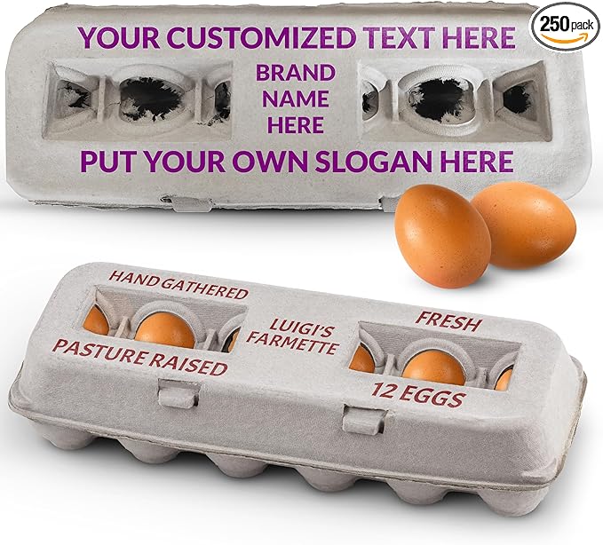 MT Products Custom Printed Egg Cartons Hold Twelve Eggs - Natural Pulp Personalized Egg Container (Pack of 250) - Made in USA