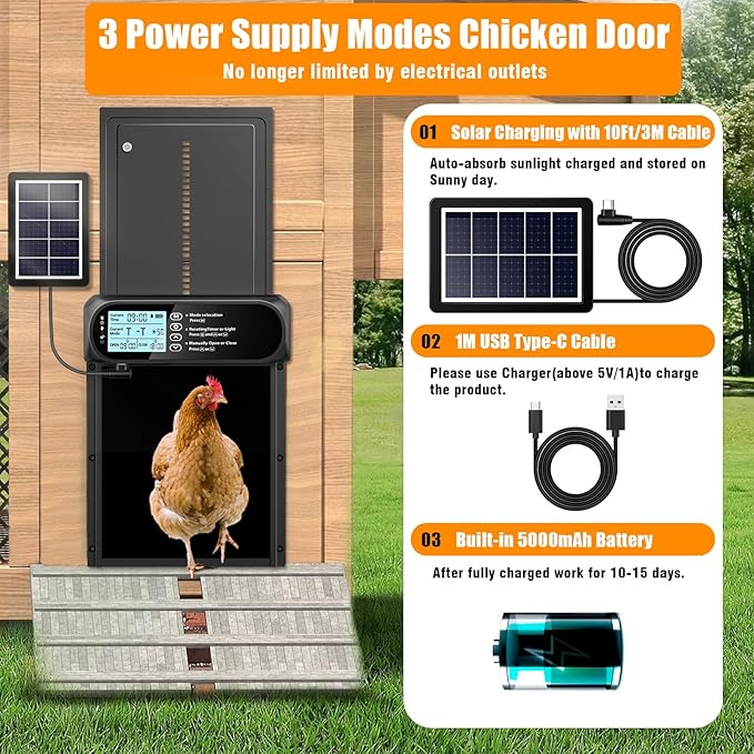 Solar Powered Automatic Chicken Coop Door, LCD Screen Electric Auto Chicken Coop Door with Timer & Light Sensor, Aluminum Rechargeable Automatic Chicken Door Opener with Remote Control & 4 Modes
