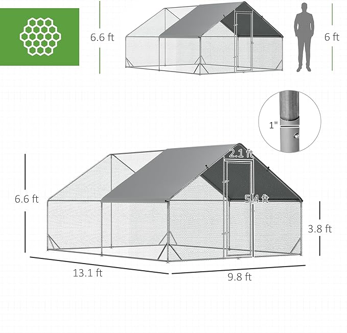 PawHut Large Chicken Coop Metal Chicken Run with Waterproof and Anti-UV Cover, Spire Shaped Walk in Fence Cage Hen House for Outdoor and Yard Farm Use, 1" Tube Diameter, 9.8' x 13.1' x 6.6'
