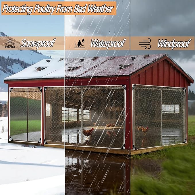9.8 * 16.4 FT Thickened Chicken Coop Cover for Winter, Waterproof & Anti-Tear Chicken Coop Insulation with Rope, Chicken Run Sidewalls, Windproof Clear Chicken Coop Tarp for Chicken Run