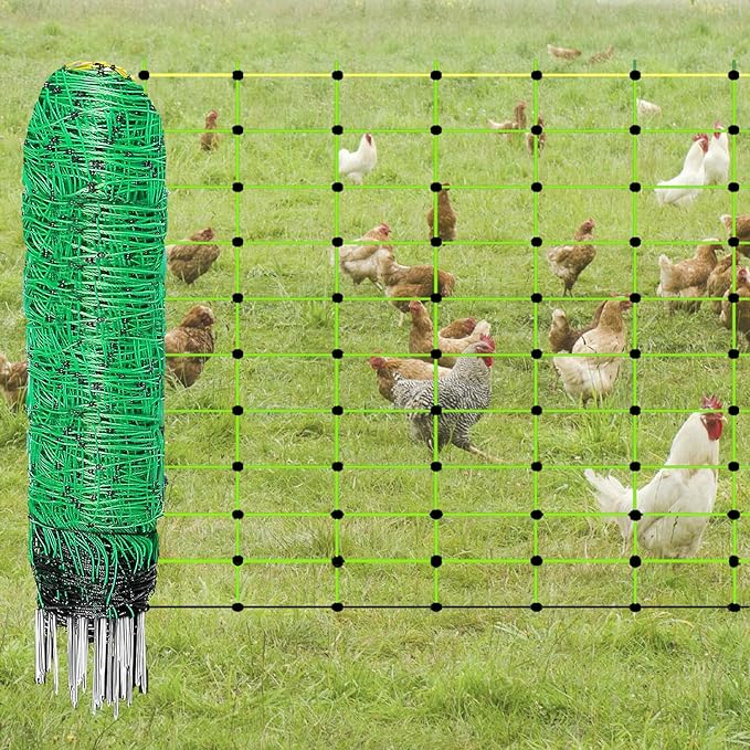 Electric Fence for Chickens, Electric Poultry Netting, Solar Powered Electric Fence, with 14 Posts Double Spiked, for Chicken, Cat, Rabbit in Backyards, Ranches, Farms