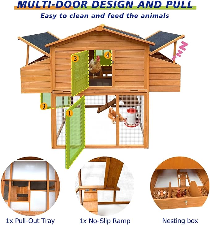 Pavilion 70" Large Outdoor Wood Chicken Coop for 6-8 Hens, with 2 Nesting Boxes, Leakproof Pull-Out Tray & PVC Curtains, Secure Walk-in Run with UV-Resistant Roof for Backyard Poultry