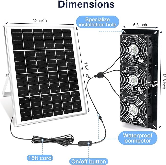 Solar 3 Fan Kit, Waterproofed Solar Powered Fans for Outdoor Chicken Coop, Greenhouse & Shed Intake or Exhaust Air