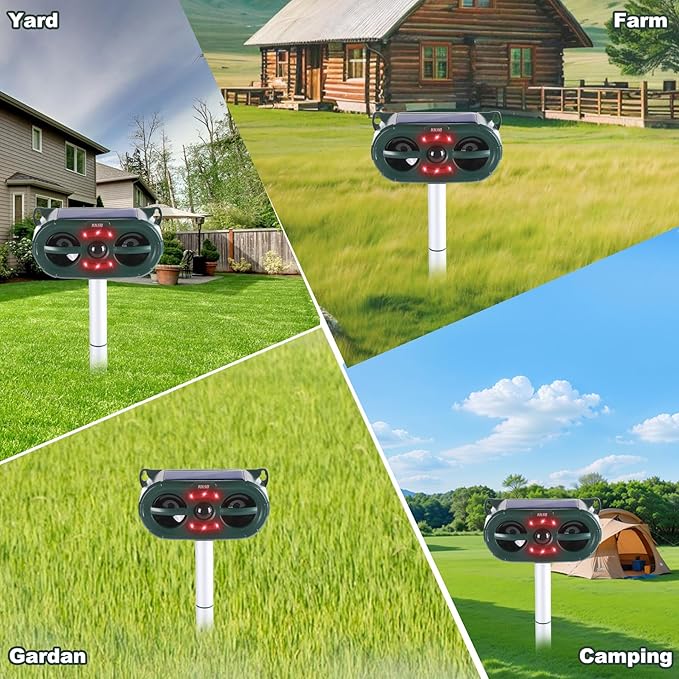2025 Upgraded Solar Ultrasonic Animal Repellent Outdoor Indoor, Waterproof Motion Activated Deterrent Repel Deer Cat Dog Bird Rabbit Squirrels Raccoon Skunk with Red-White Flash Lights for Garden Yard