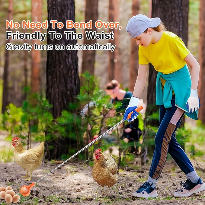 Lounsweer Egg Grabber for Chicken Eggs,15.7-76inch Extendable Stainless Steel Egg Picker Tool with (1pcs Extended Handle&1pair Non-Slip Gloves) for Picking Eggs from Coop, Poultry Nest, and Farm Use