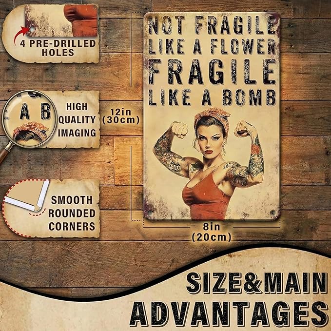 PEACHGARDEN Home Gym Decor Girl Gym Signs Not Fragile Like a Flower Fragile Like a Bomb Fitness Wall Decor Motivational Workout Poster Metal Tin Sign for Home Bar Pub 8x12 Inch