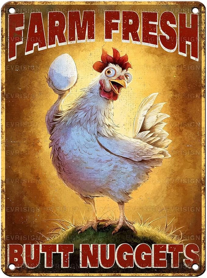 Vintage Chicken Tin Sign Farm Fresh Butt Nuggets Retro Metal Sign Funny Chicken Lovers Nostalgic Rustic Wall Decor For Home Farmhouse Coop Poultry House Kitchen Outdoor Yard 16 * 12In