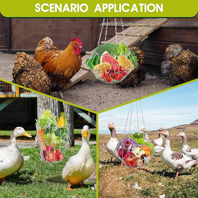 2PCS Hanging Chicken Feeders Baskets, Foldable Chicken Toys for Coop Vegetables Fruits Hanging Feeder, Vegetable Basket, Fruit Flower Basket with17inches Chain for Gooses Duck Farm House(2PCS)