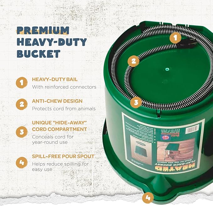 Farm Innovators 3 Pack Heated Water Bucket, 120W Heating Power - Flat Back 5 Gallon Plastic Bucket with Cord Storage for Livestock Watering & Feeding