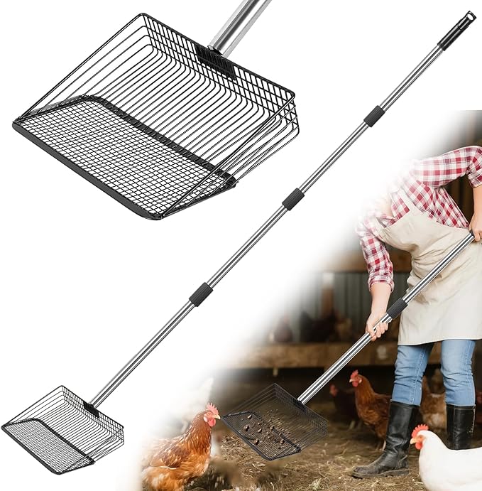 Chicken Poop Scooper 10 Inch Large Metal Coop Scoop 35" to 62" Long 4 in 1 Multifunctional Heavy Duty Chicken Coop Scoop Sifting Shovel for Sand Chicken Coop Accessories