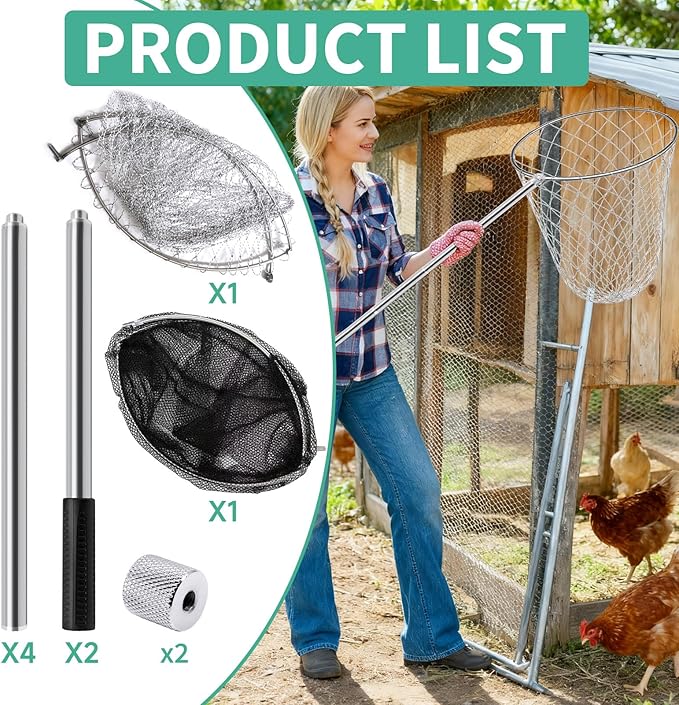 2 Sets Chicken Catching Net Extra Thick 2 Poles 5.25 FT Poultry Fishing Net Extendable Landing Animal Catcher for Bird, Chicken, Goose, Ducks, Fish, Cat(2 Nets, 2 Poles with 3 Sections Each,46 Inches)