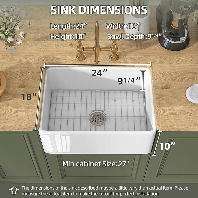 TUKTUK White Farmhouse Sink 24 X18 inch Fireclay Farm House Apron Front Undermount Small Modern Kitchen Sink Single Bowl for Bar and RV Luxury Bottom Grid & Strainer