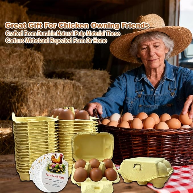 Reusable Egg Cartons, Paper Pulp Material, 50 Pack, Pink Yellow Orange Red Colors, Farm Fresh Eggs Storage Container (Yellow)