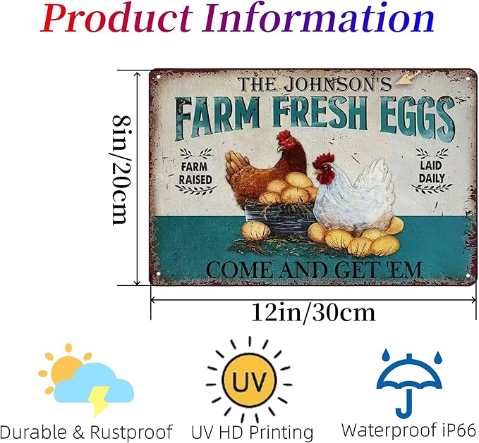 Vintage Farm Fresh Eggs Metal Sign, Chicken Gifts Golden Eggs Tin Sign For Chicken Coop Rustic Farmhouse Kitchen Garden Wall Decor 8" x 12"
