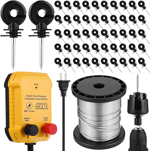 Electric Fence for Preventing Animals Intruding 2 Mile 110VAC 0.15 Joule Electric Plug in Fence, 50 Black Insulator and 1 Socket Tool 250ft Aluminum Wire for Animals and Keep Out Predators